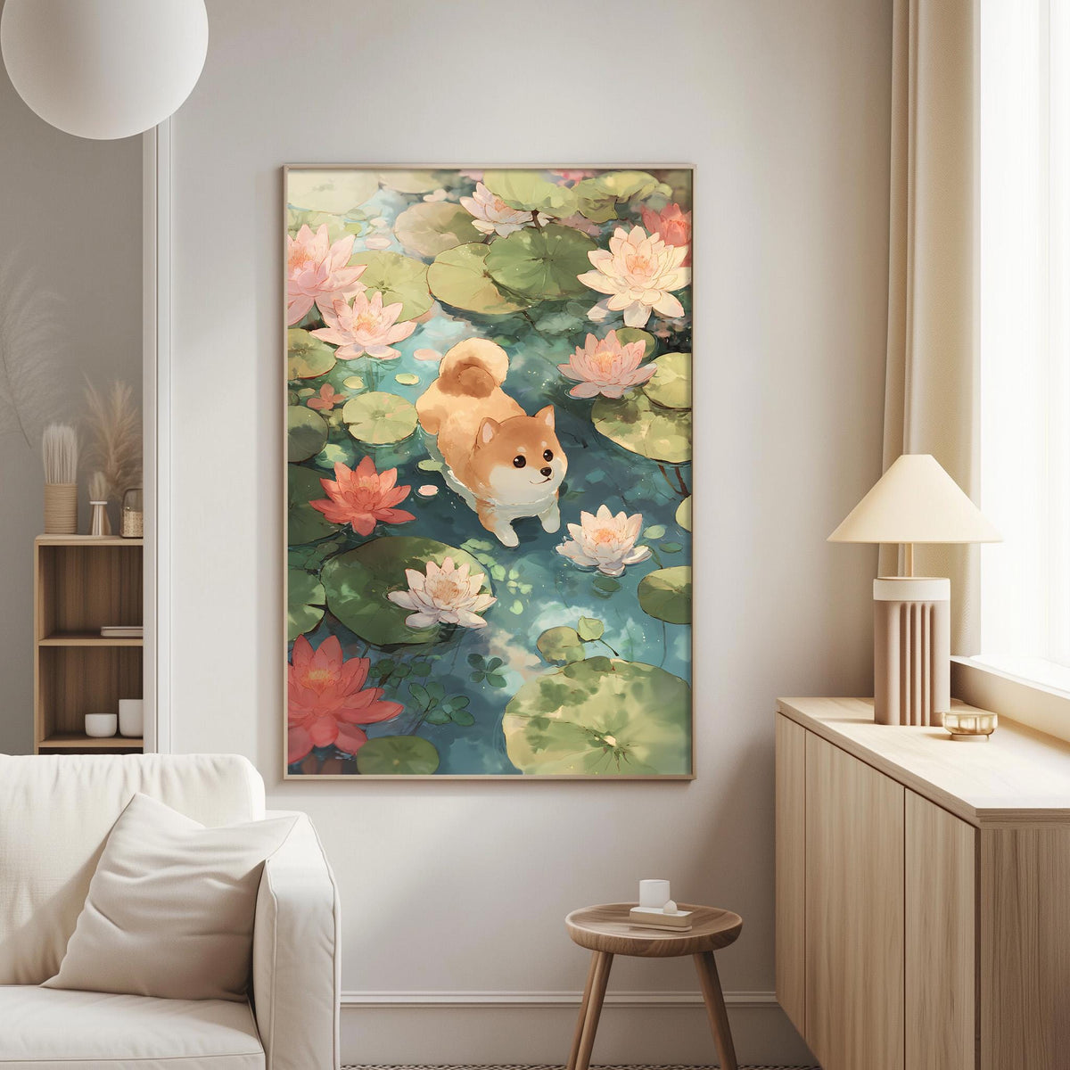 a cozy living room with a large painting of a dog swimming in a pond filled with colorful flowers hanging on the wall.