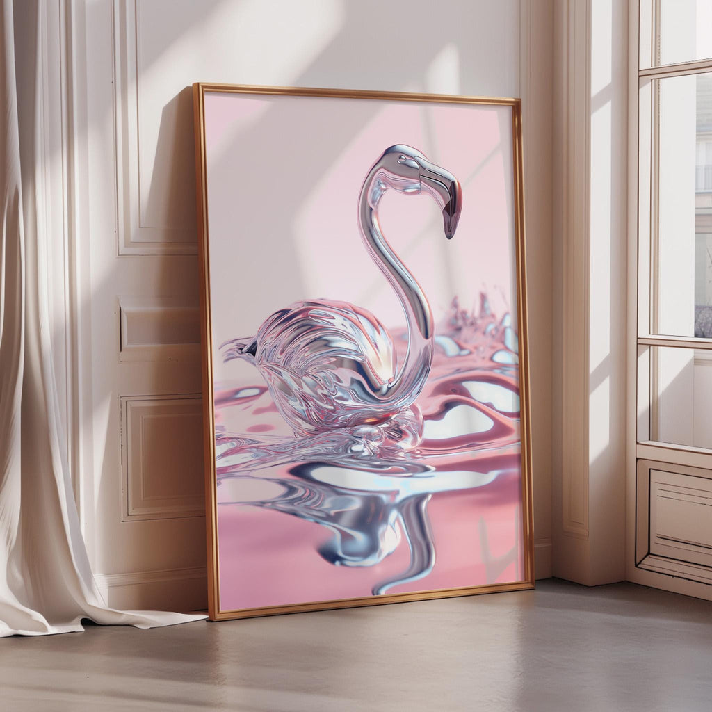 a large, framed picture of a pink flamingo sitting on a pink surface.