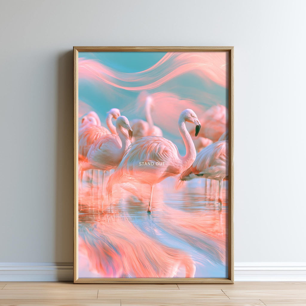 A framed photograph of a group of pink flamingos standing in a body of water, with a vibrant, colorful background.