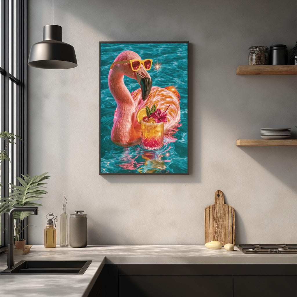 A framed painting of a pink flamingo swimming in a blue pool, wearing sunglasses and holding a drink, is hanging on a wall above a kitchen counter.