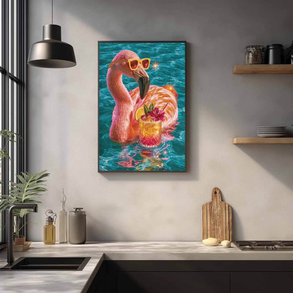 A framed painting of a pink flamingo swimming in a blue pool, wearing sunglasses and holding a drink, is hanging on a wall above a kitchen counter.