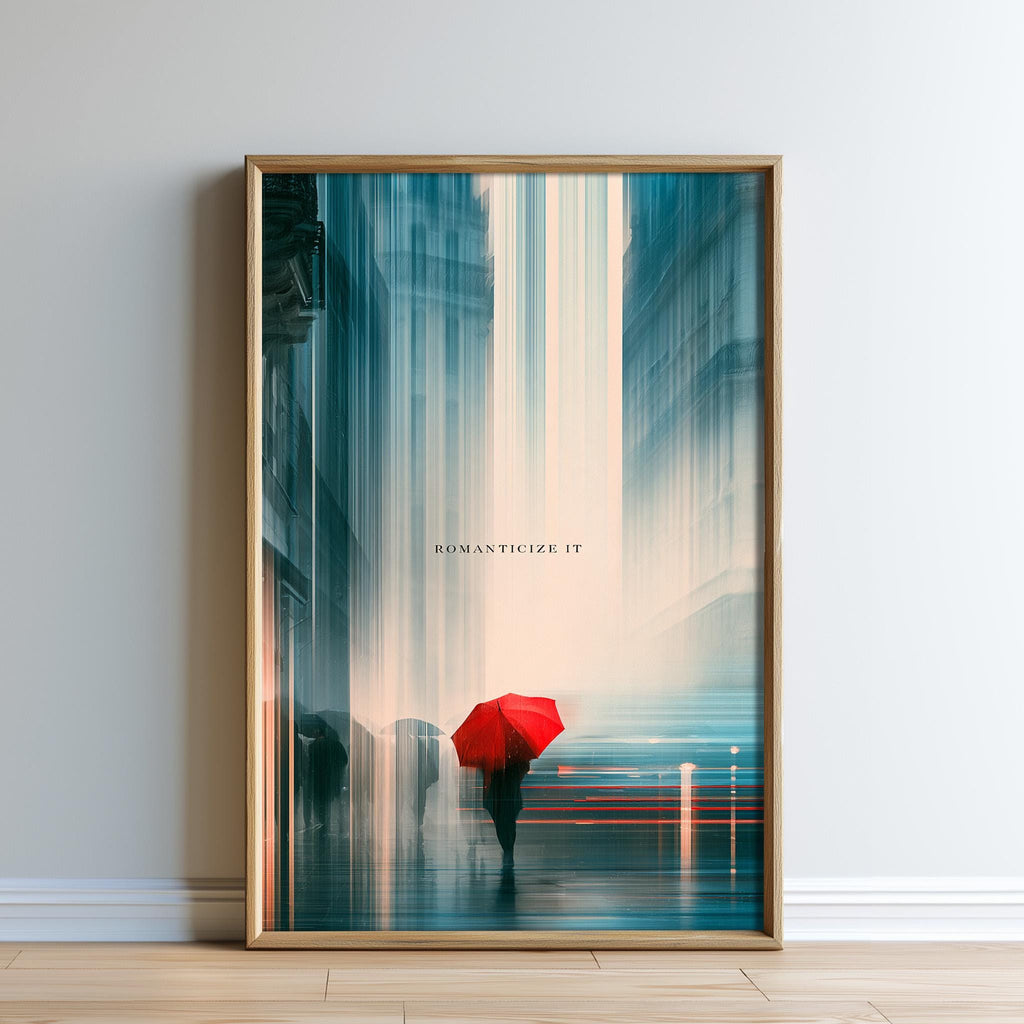 The image is a framed poster depicting a person walking down a city street holding a red umbrella, with a cityscape in the background.