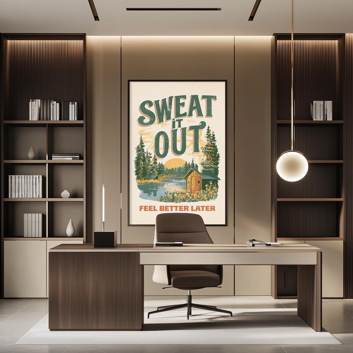 a modern office space with a large poster on the wall that says "SWEAT IT OUT" and "FEEL BETTER LATER". The office has a wooden desk, a chair, and a bookshelf filled with books.