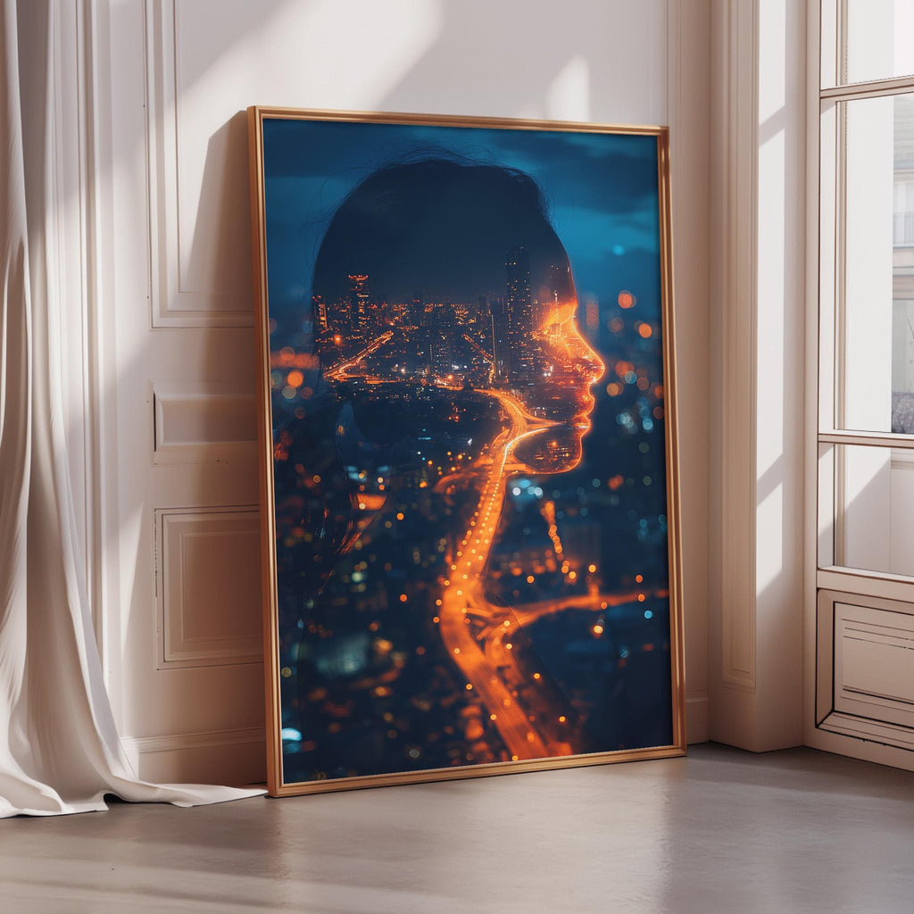 a large framed artwork depicting a woman's face with a cityscape in the background, creating a striking visual contrast between the human form and the urban environment.