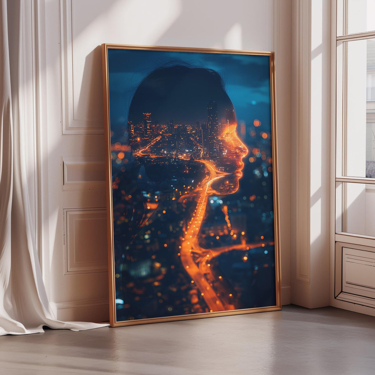 a large framed artwork depicting a woman's face with a cityscape in the background, creating a striking visual contrast between the human form and the urban environment.