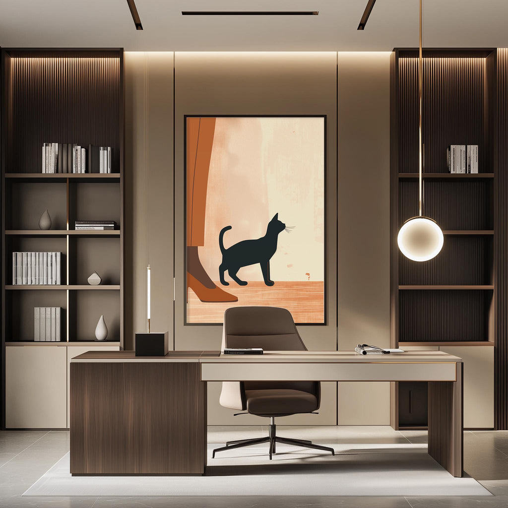 a modern and minimalist office space with a large wooden desk, a comfortable chair, and a framed artwork of a cat on the wall.