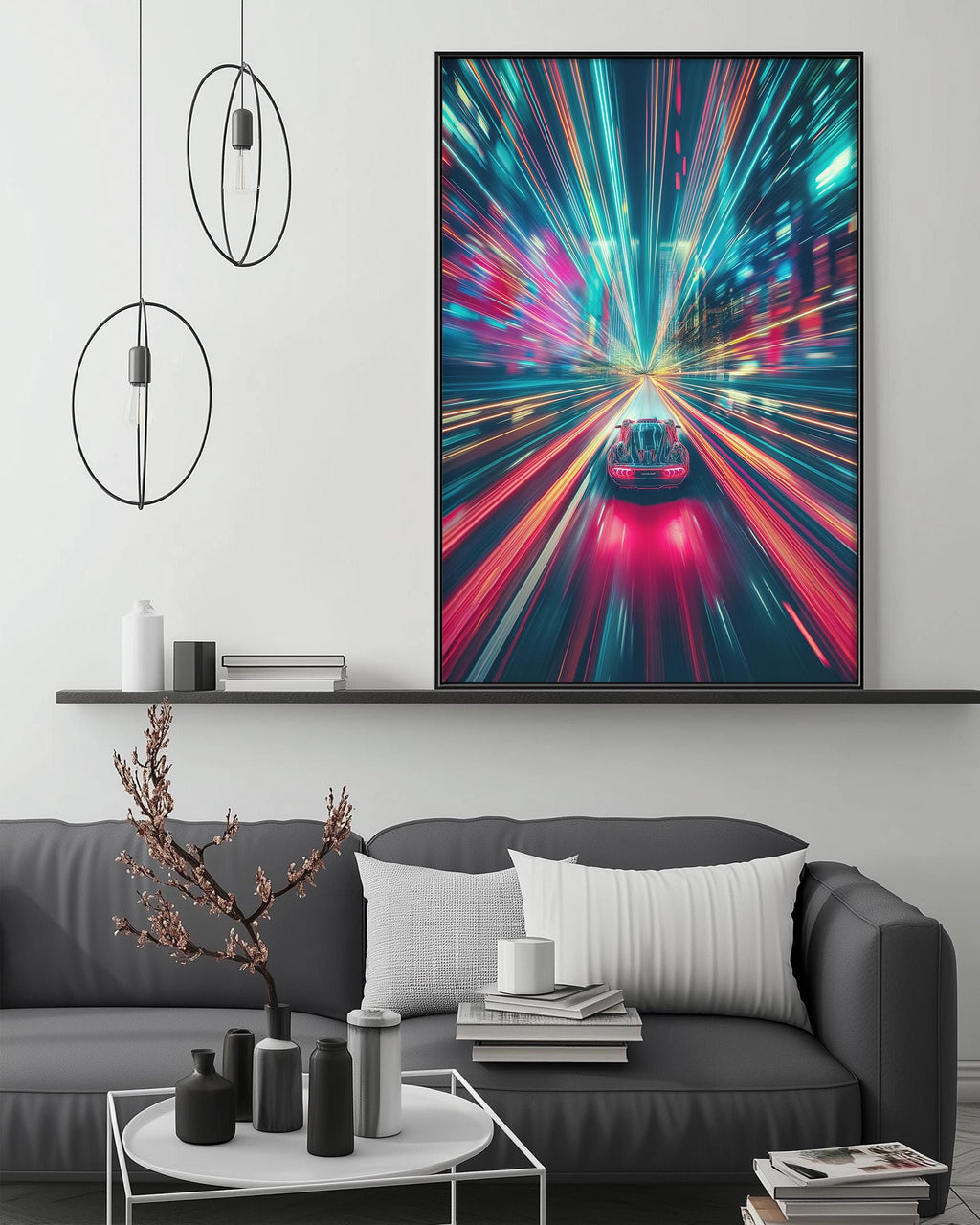 a modern living room with a gray sofa, a coffee table, and a large abstract painting depicting a car in motion with colorful, blurred lights.