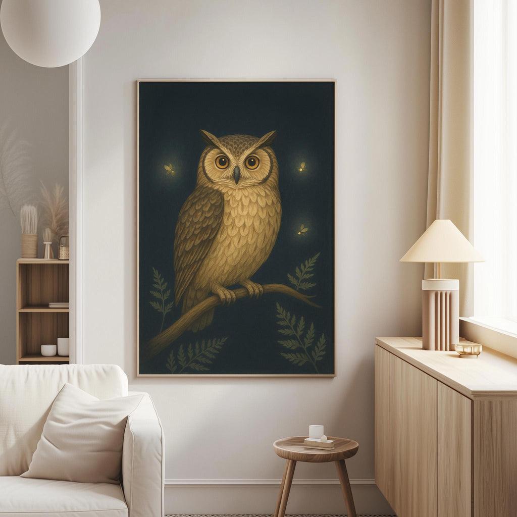 a large painting of an owl perched on a branch, with a dark background and illuminated by small lights, creating a serene and peaceful atmosphere.