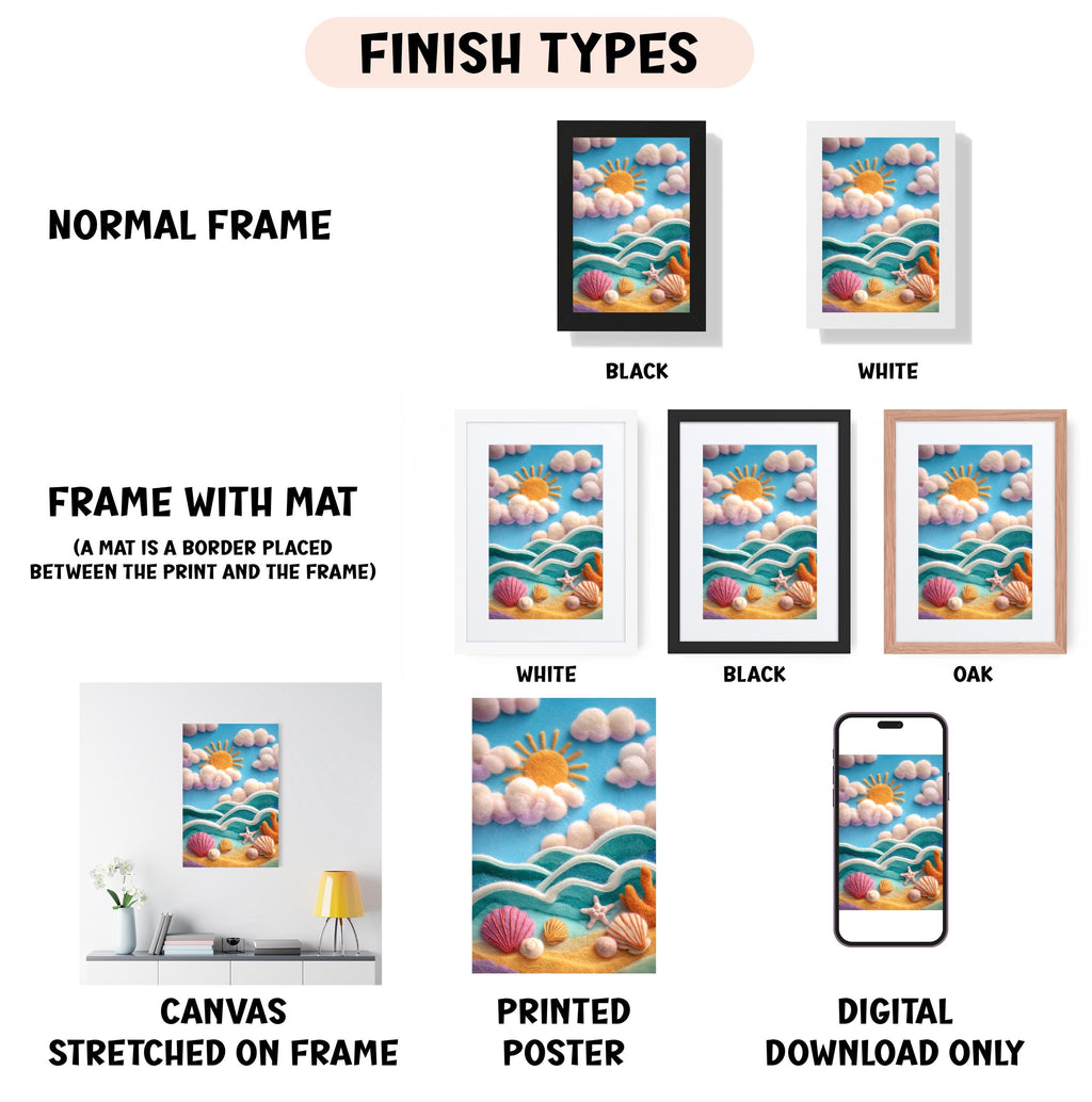various finish types for artwork, including a normal frame, a frame with a mat, a white frame, a black frame, an oak frame, a white canvas stretched on a frame, a printed poster, and a digital download only.