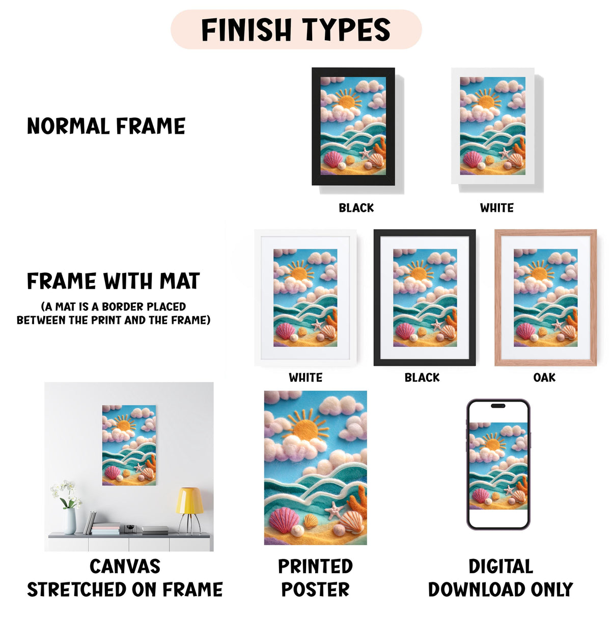 various finish types for artwork, including a normal frame, a frame with a mat, a white frame, a black frame, an oak frame, a white canvas stretched on a frame, a printed poster, and a digital download only.