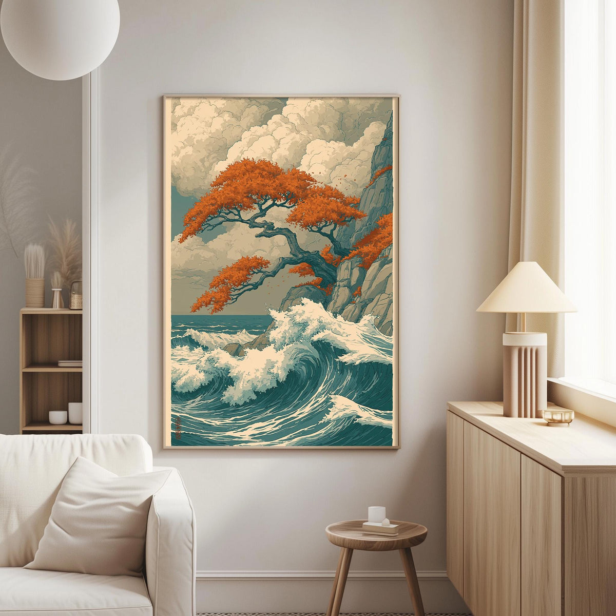 a large framed painting of a serene landscape with a tree and ocean in the background, hanging on a wall in a living room setting.
