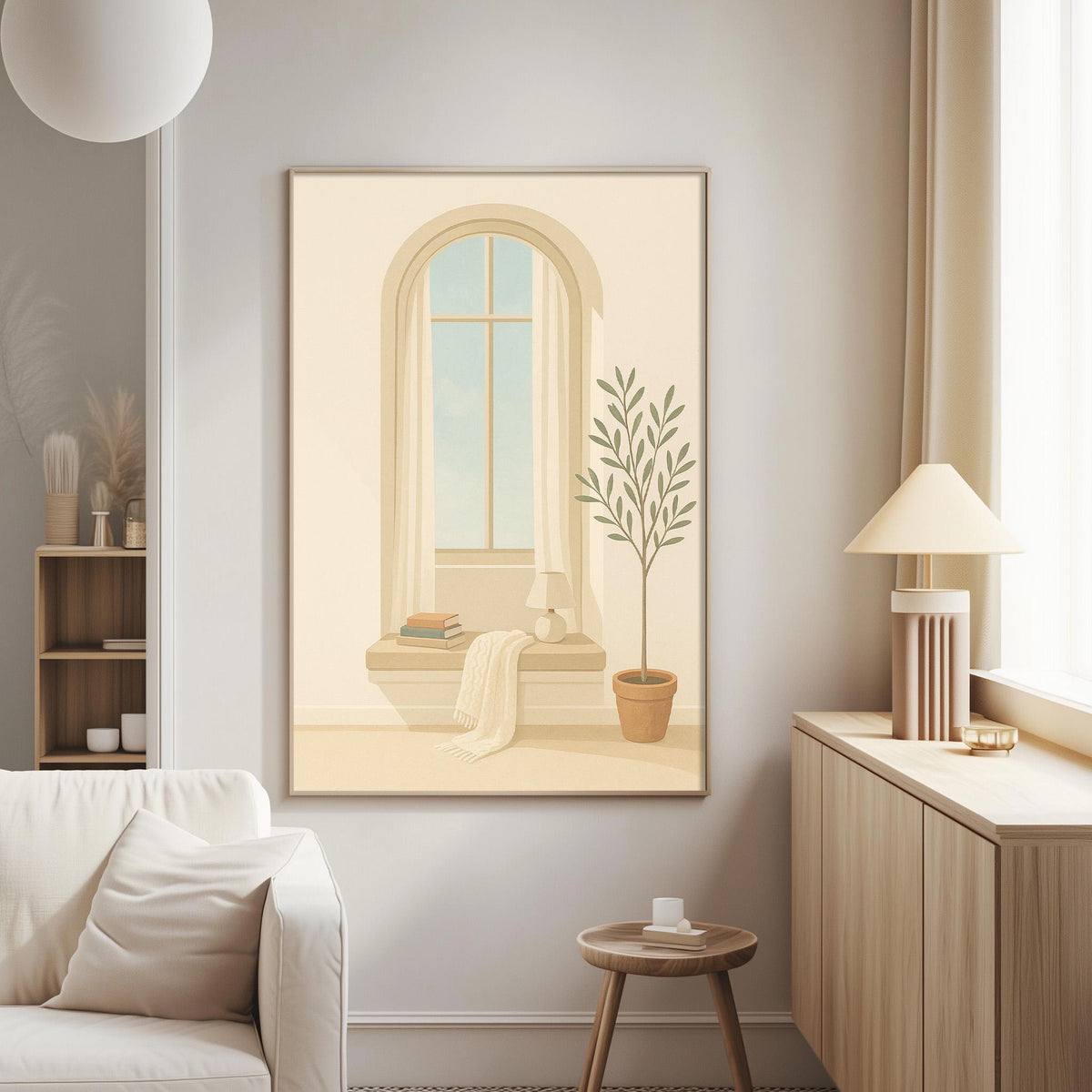 a serene living room with a large window, a potted plant, and a white sofa.