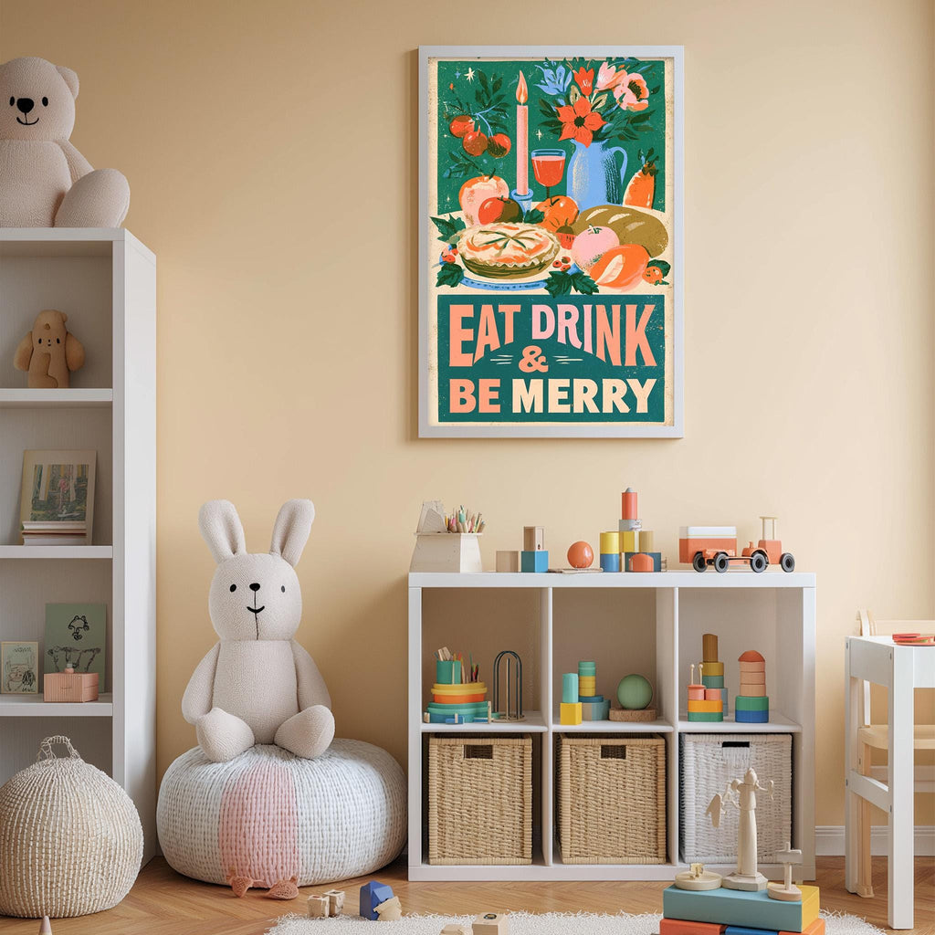 A child's bedroom with a white bookshelf, a stuffed rabbit, and a colorful poster on the wall. The poster features illustrations of food and drink items, along with the text "EAT DRINK & BE MERRY".