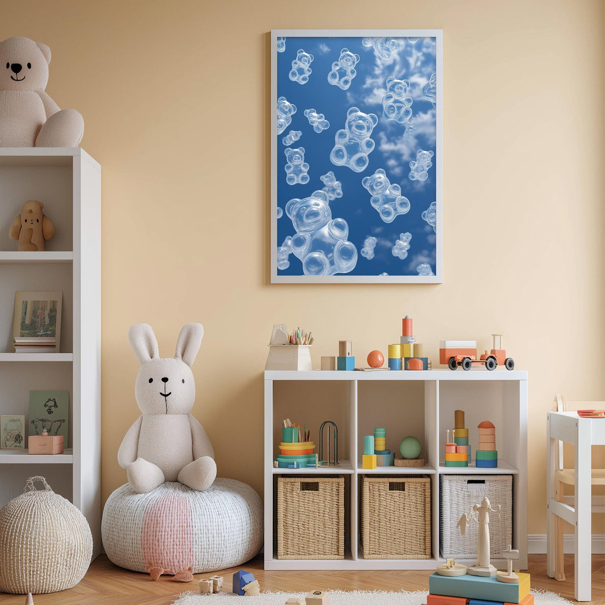 A cozy children's room with a white bookshelf, a plush rabbit, and a colorful toy box filled with various toys. A framed image of bubbles floating in the sky is displayed on the wall above the toy box.