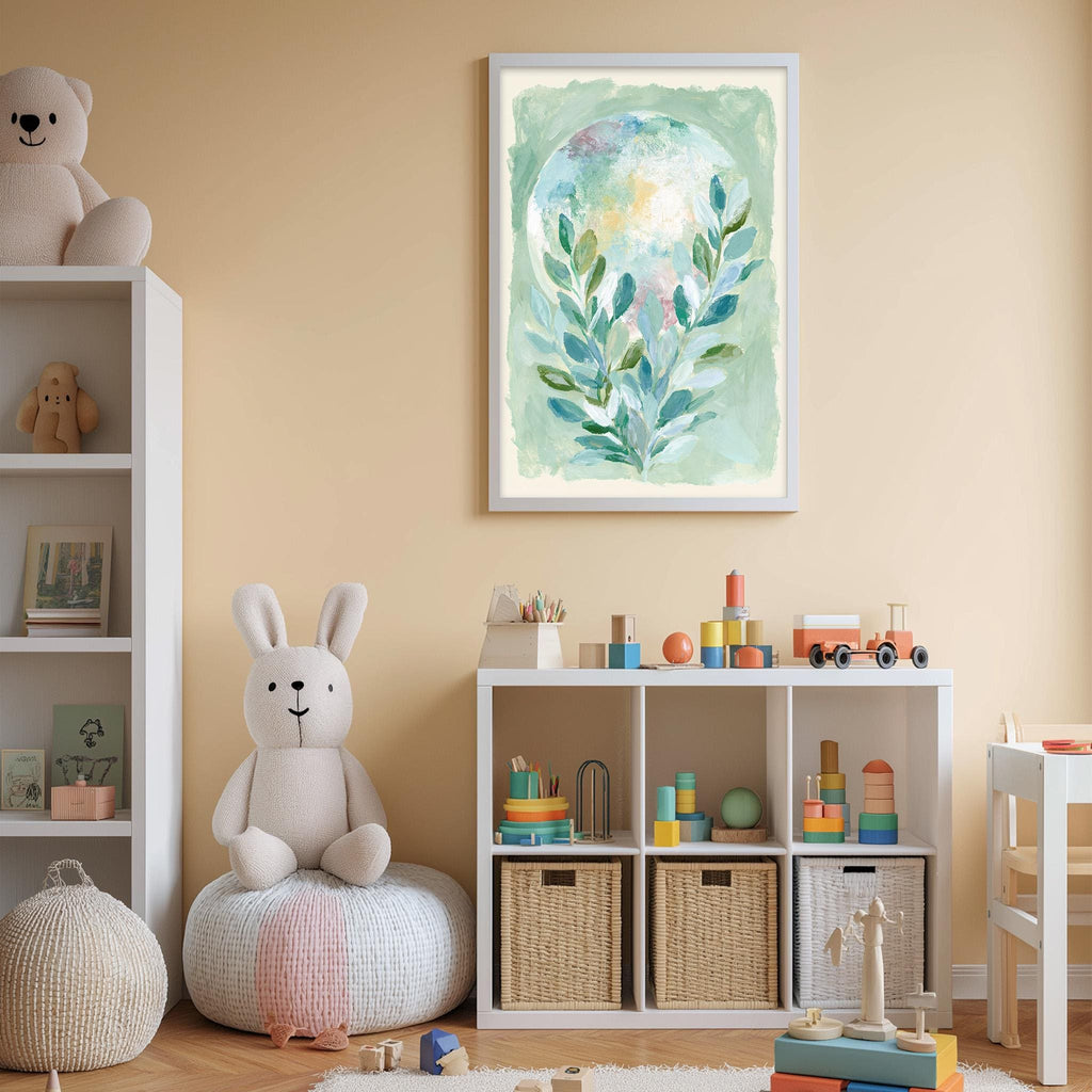 A cozy and colorful children's playroom with a white bookshelf, a plush rabbit, and a toy train set. The room has a warm and inviting atmosphere, with a framed painting of a leafy plant hanging on the wall.