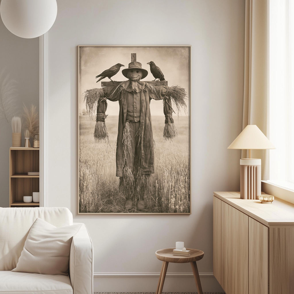 a large black and white photograph of a scarecrow standing in a field, with three birds perched on its back. The photograph is mounted on a wall in a living room setting, with a white sofa and a wooden side table visible in the background.