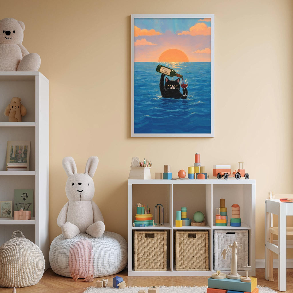 A child's bedroom with a white bookshelf, a stuffed rabbit, and a colorful painting of a cat floating in the ocean.