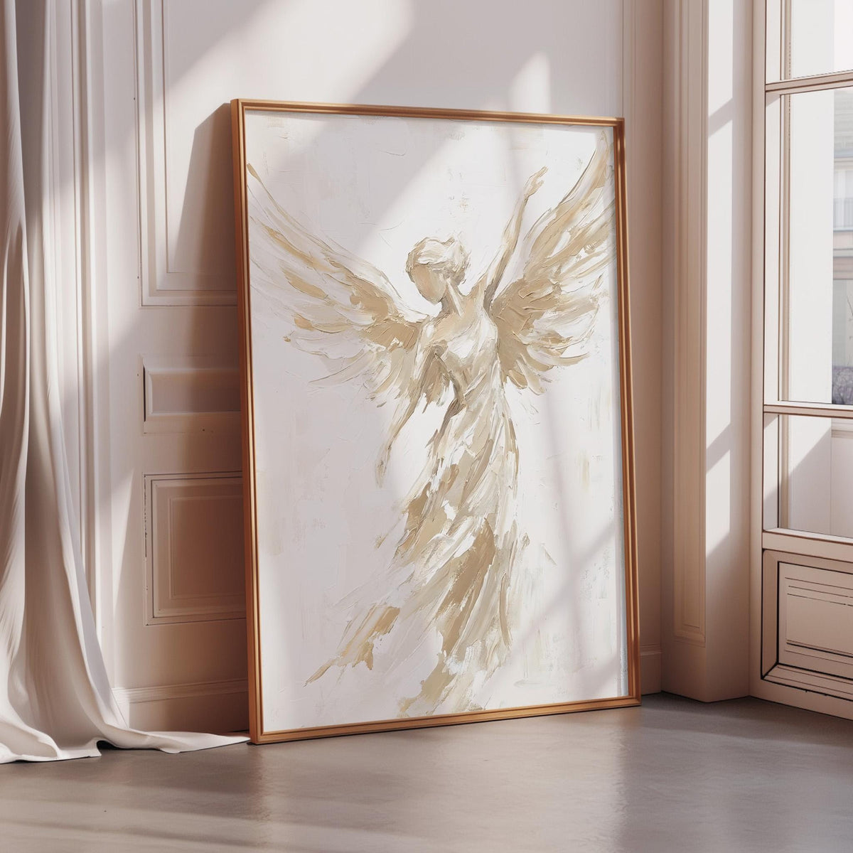a large framed painting of an angel with outstretched wings, standing in a room with a window and a white curtain.