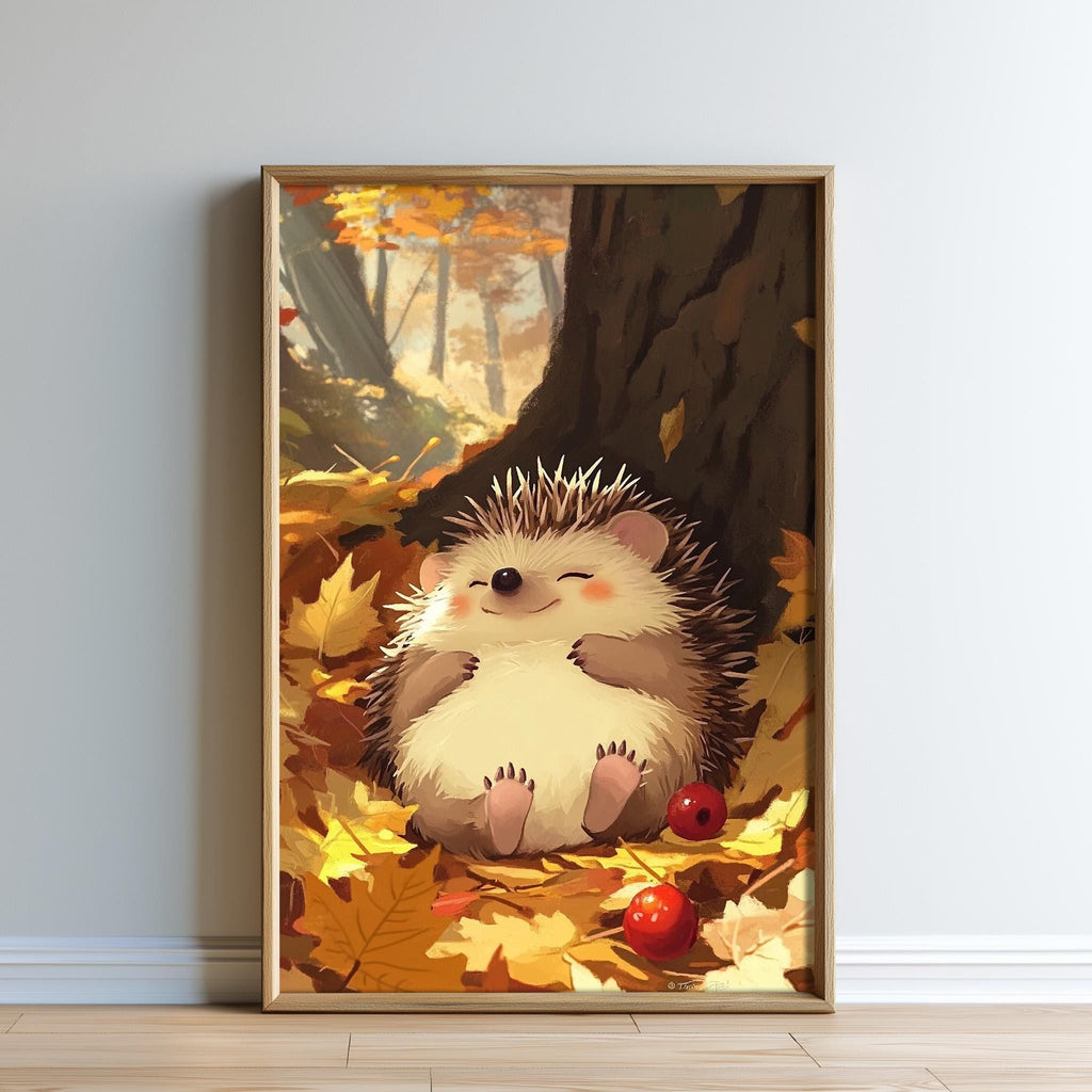 A hedgehog is depicted in a peaceful autumn scene, surrounded by fallen leaves and two red berries.