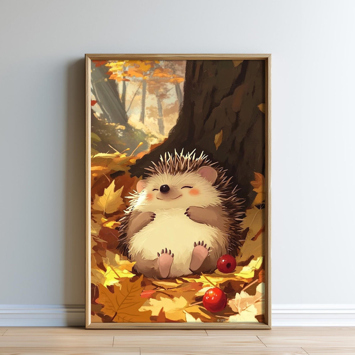 A hedgehog is depicted in a peaceful autumn scene, surrounded by fallen leaves and two red berries.