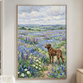 a large painting of a dog standing in a field of flowers, with a cloudy sky in the background.