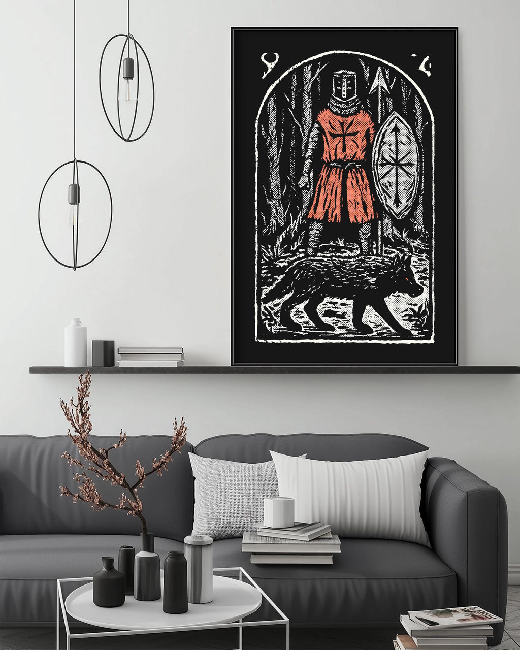 a living room with a gray sofa, a coffee table, and a large framed artwork depicting a knight in orange armor standing next to a wolf.