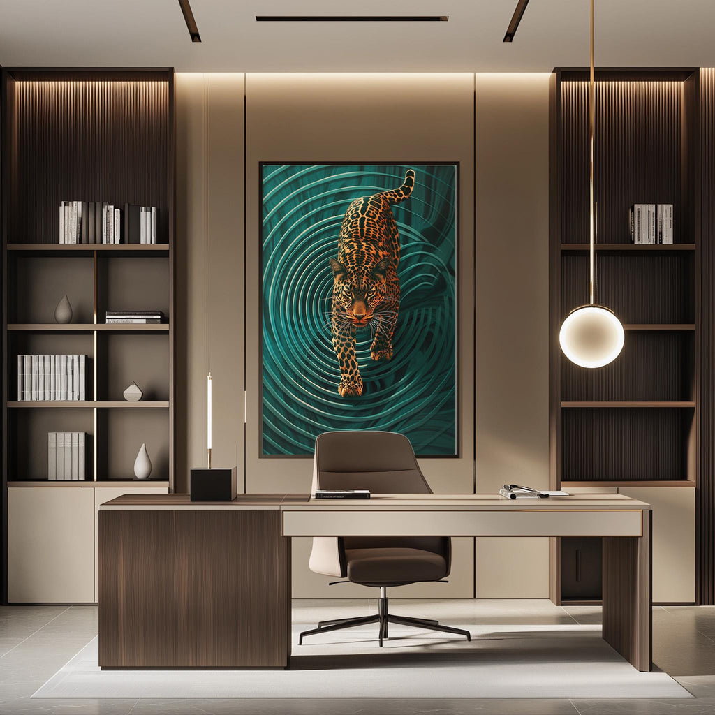 a modern and stylish office space with a large abstract painting of a leopard on the wall, a wooden desk with a chair, and built-in bookshelves.