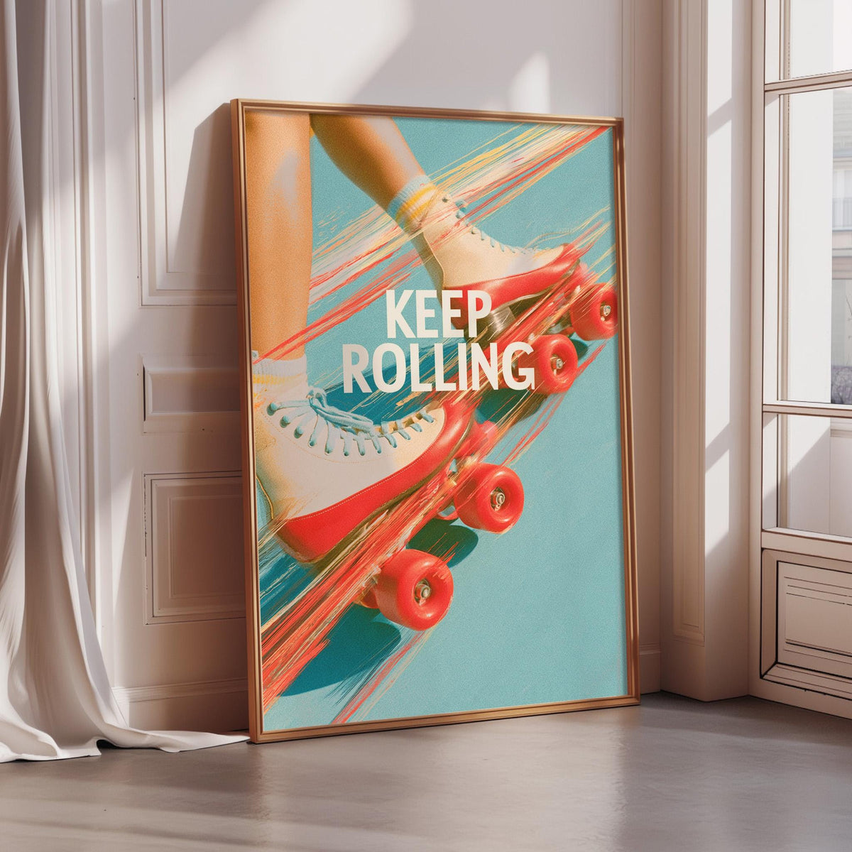 A framed poster with a vibrant design featuring a pair of rollerblades and the text "KEEP ROLLING" against a teal background.