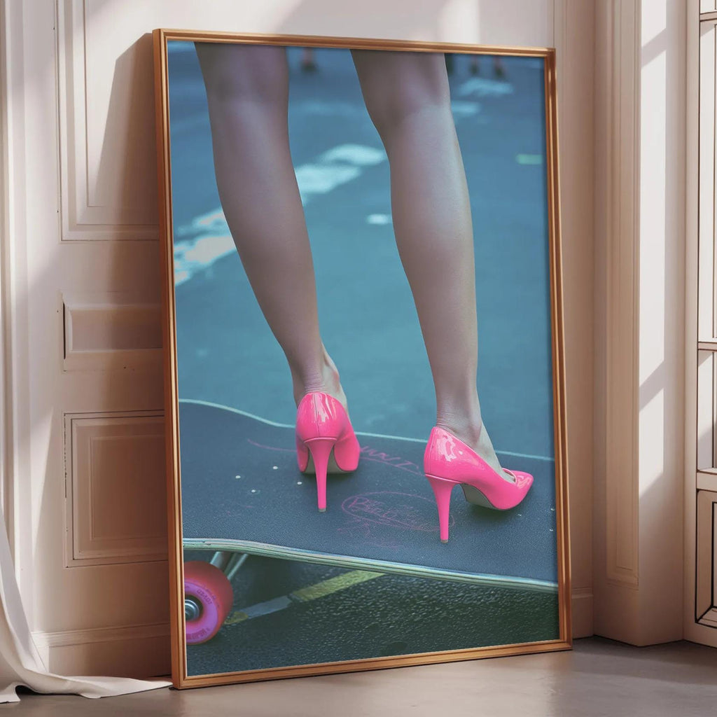 A framed image of a person's legs wearing pink high heels, with a skateboard visible underneath the frame.