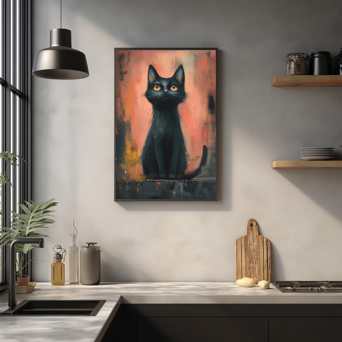 a black cat sitting on a ledge in a kitchen setting.