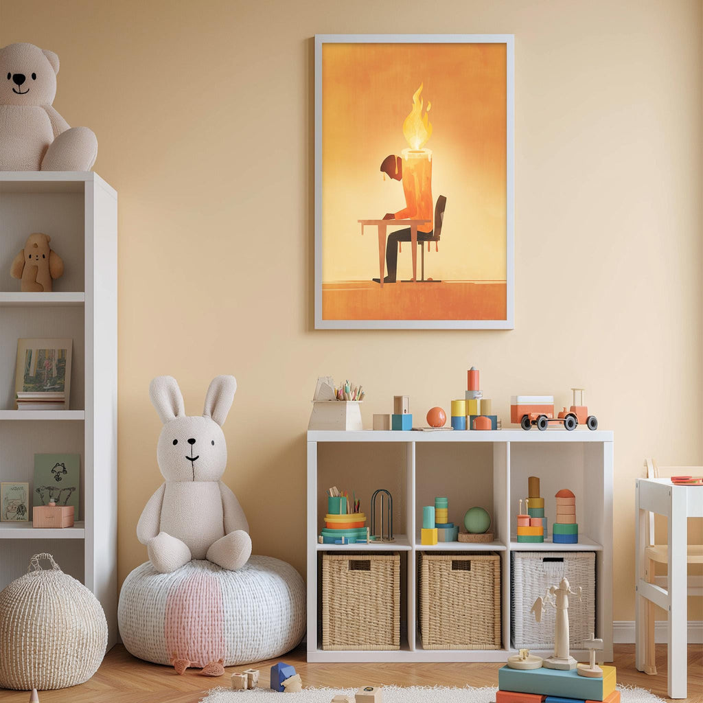 A cozy children's room with a white bookshelf, a stuffed rabbit, and a colorful toy box filled with various toys. A framed artwork depicting a person sitting at a desk with a lit candle is hanging on the wall above the toy box.
