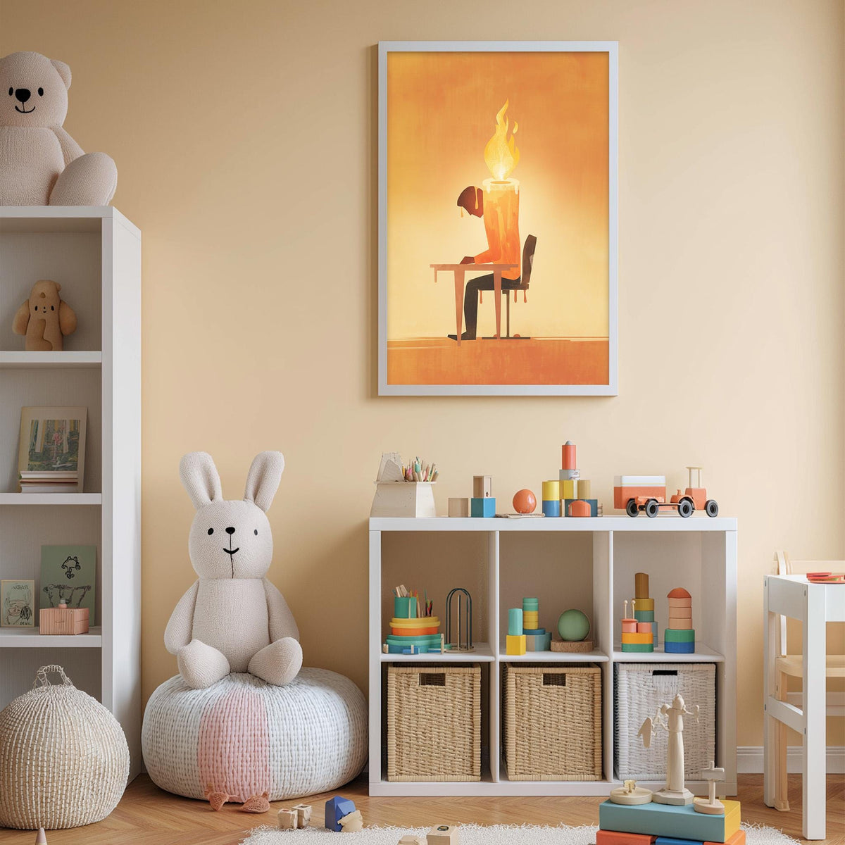 A cozy children's room with a white bookshelf, a stuffed rabbit, and a colorful toy box filled with various toys. A framed artwork depicting a person sitting at a desk with a lit candle is hanging on the wall above the toy box.