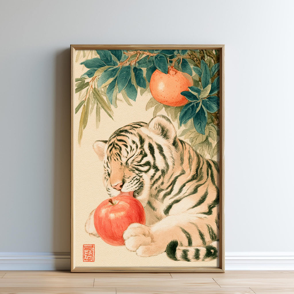 A framed painting depicting a tiger resting under an orange tree, with the tiger holding an apple in its paws.
