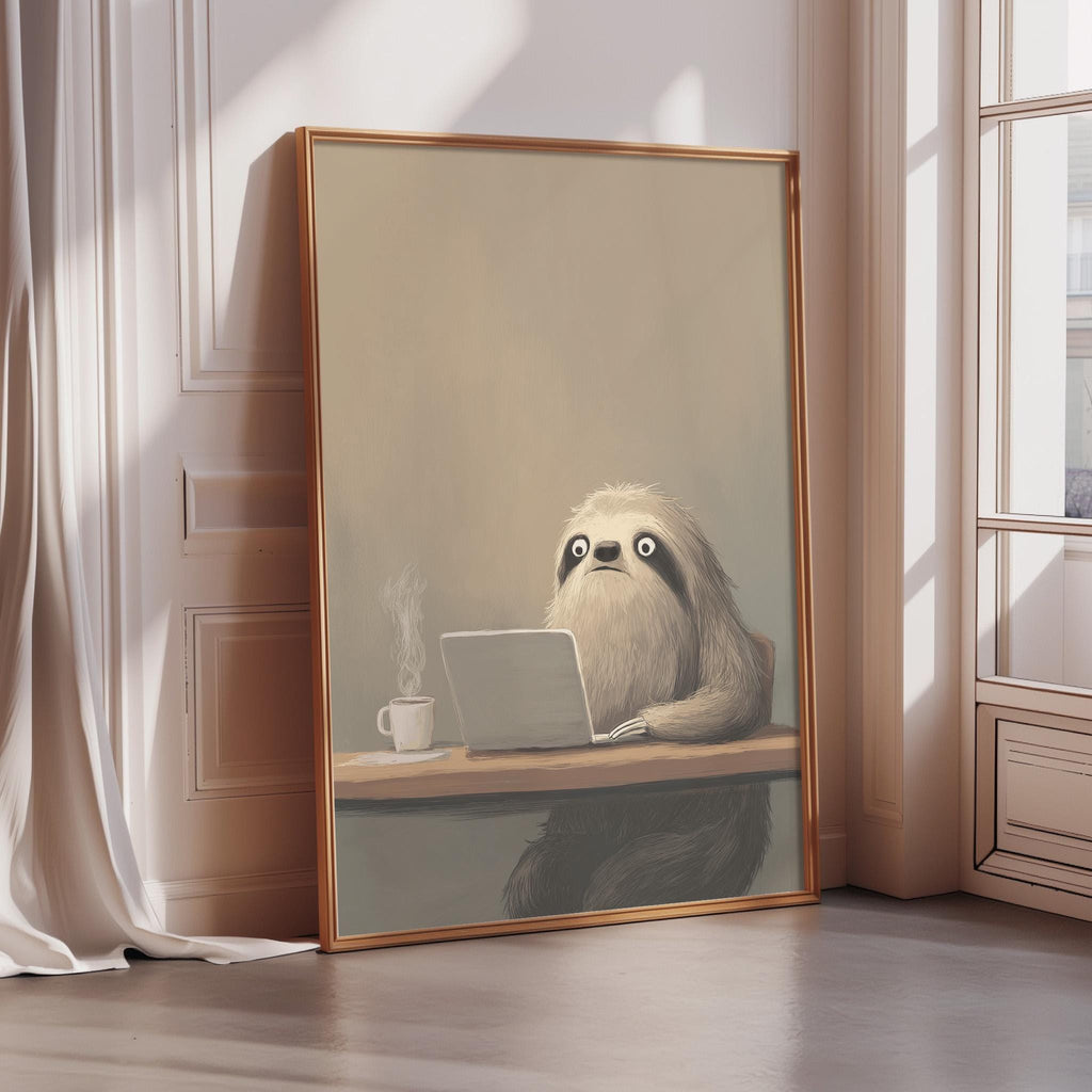 A framed illustration of a sloth sitting at a desk, using a laptop computer.