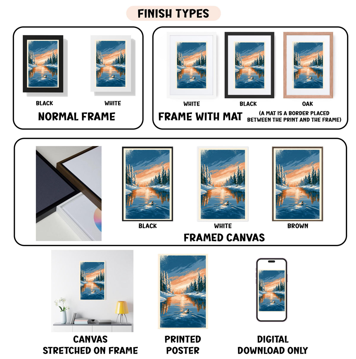 various types of artwork, including paintings, framed prints, and digital art, each with different finishes and frame styles.