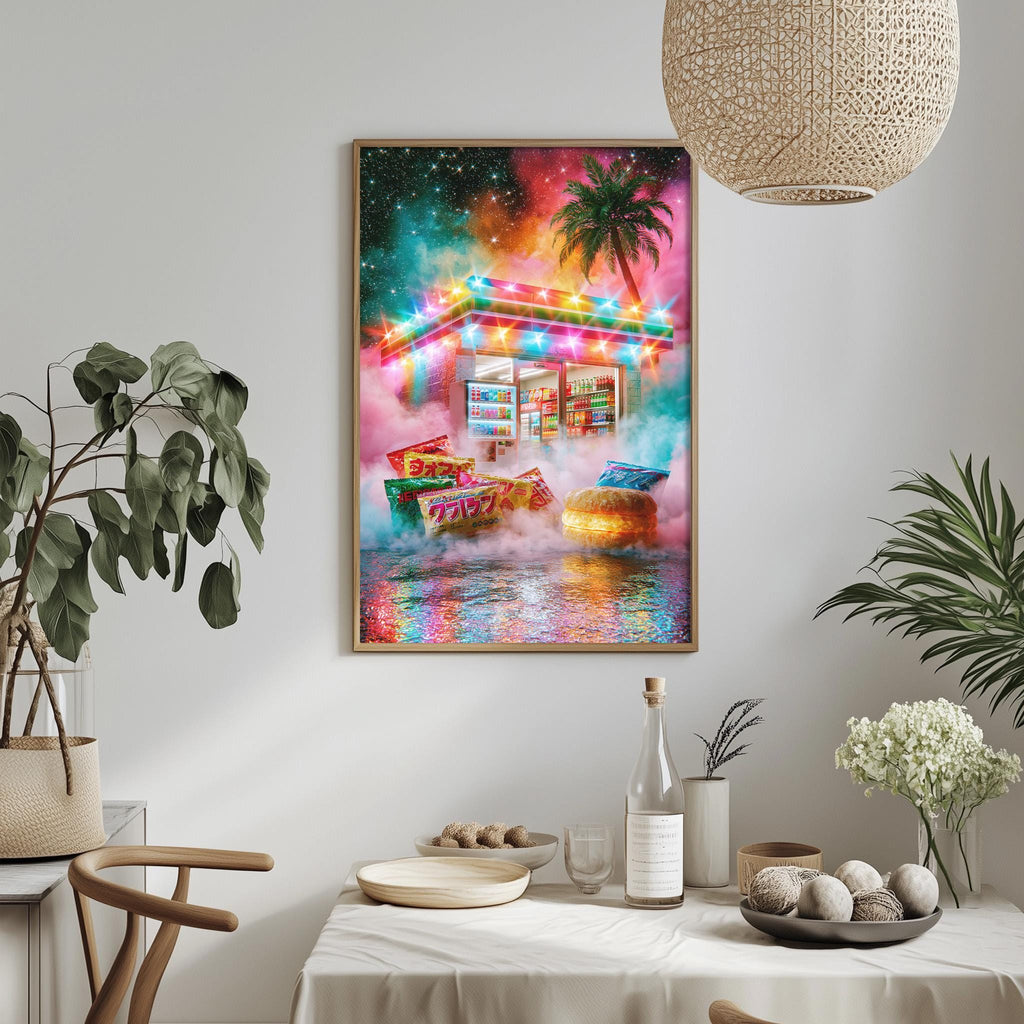 a vibrant and colorful painting of a tropical beach scene, with a neon sign and palm trees, hanging on a wall above a dining table.