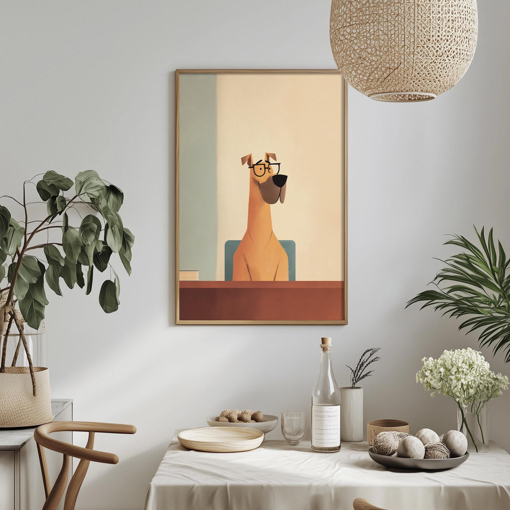 a dining table with a bowl of fruit, a bottle, and a vase of flowers, along with a framed picture of a dog wearing glasses hanging on the wall.