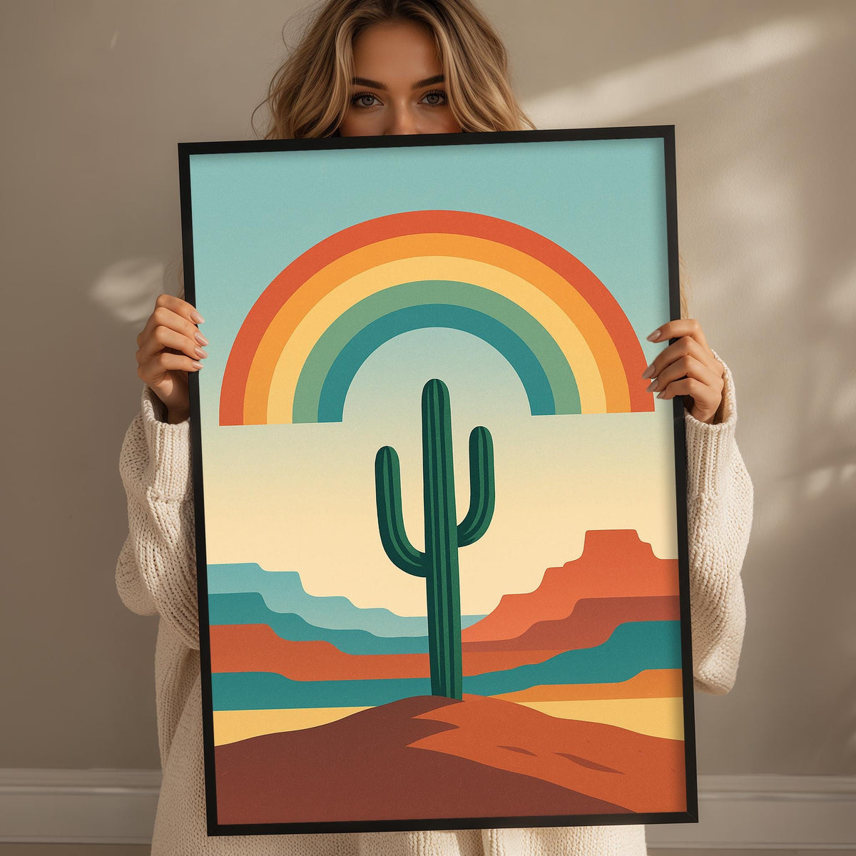A woman holds up a framed poster depicting a desert landscape with a cactus and a rainbow in the background.