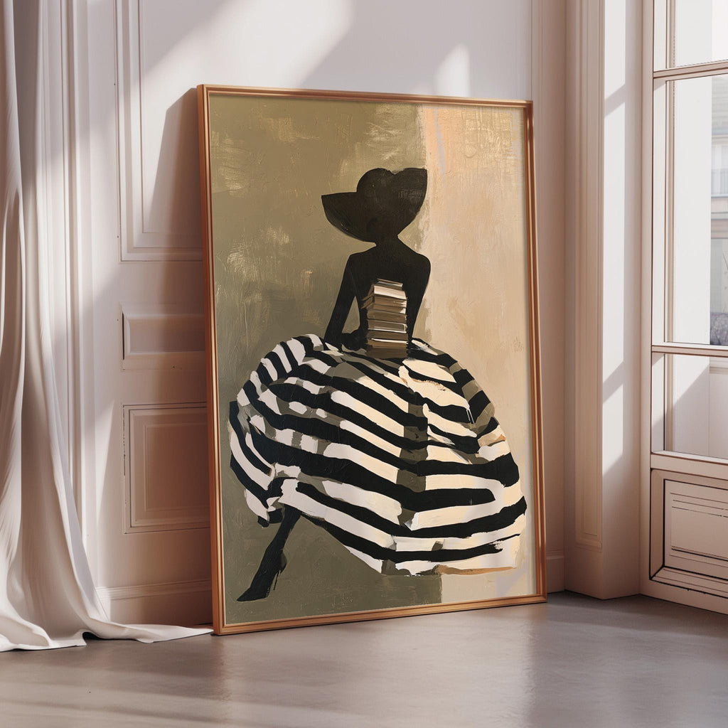 a large framed painting depicting a woman wearing a black and white striped dress, sitting in a relaxed pose.