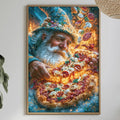 a framed painting of a bearded man holding a pizza, surrounded by a colorful and whimsical scene. The painting is hung on a wall above a dining table, which has various items on it, including a bottle, a bowl, and a vase. The room also has some potted plants and a hanging light fixture, creating a cozy and inviting atmosphere.
