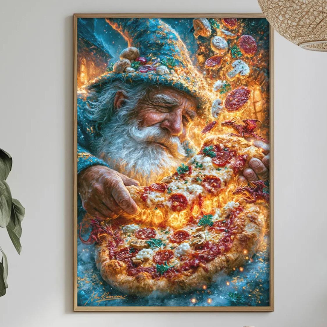 a framed painting of a bearded man holding a pizza, surrounded by a colorful and whimsical scene. The painting is hung on a wall above a dining table, which has various items on it, including a bottle, a bowl, and a vase. The room also has some potted plants and a hanging light fixture, creating a cozy and inviting atmosphere.