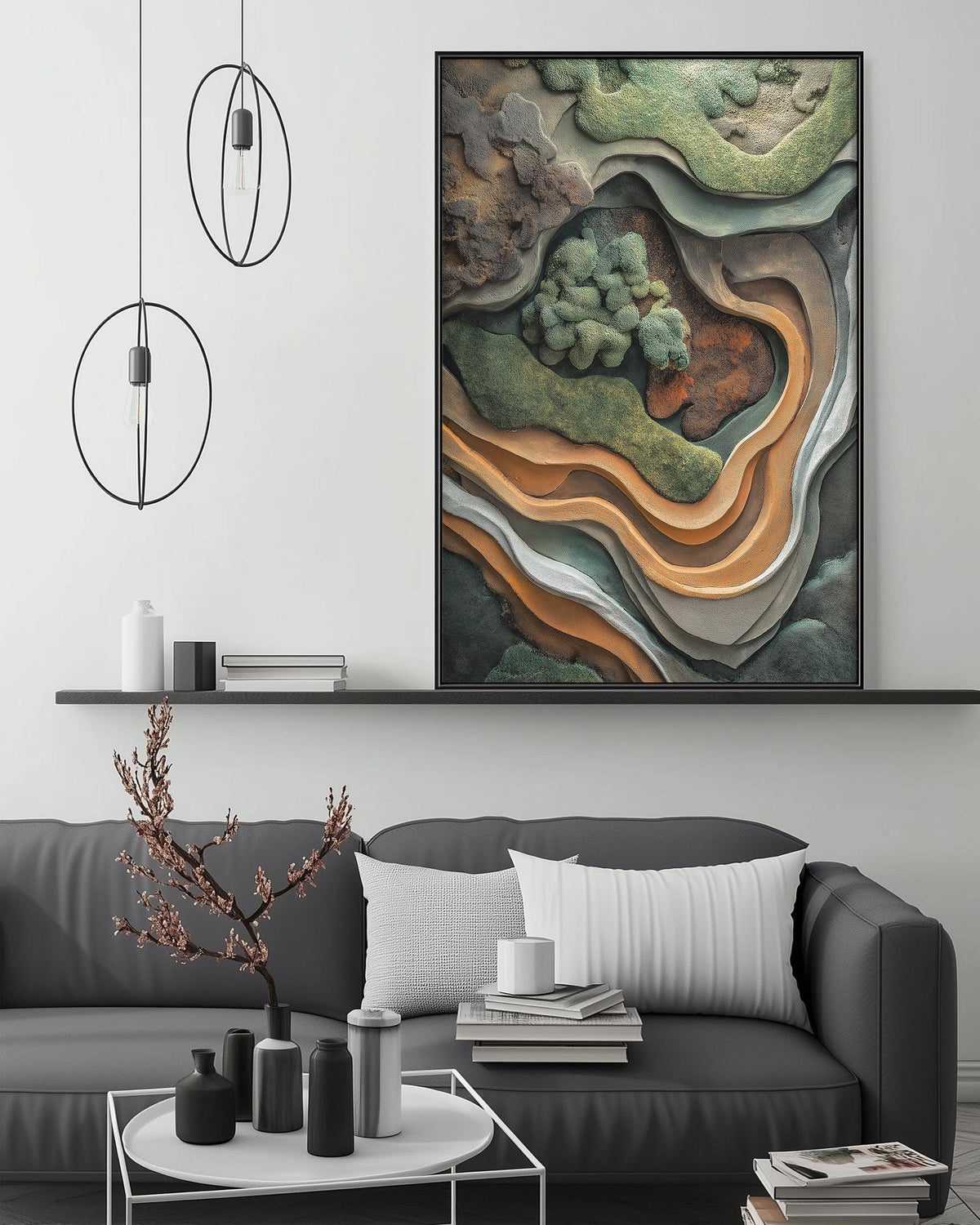 a modern living room with a gray sofa, a coffee table, and a large abstract painting hanging on the wall above the sofa.