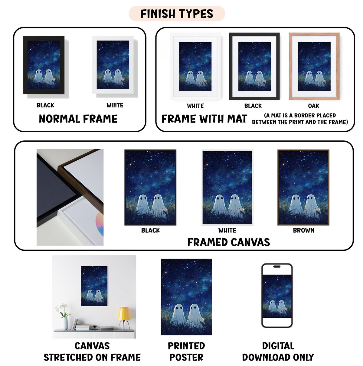 various images of a canvas print featuring a night sky with two ghostly figures, along with descriptions of different finish types and framing options.