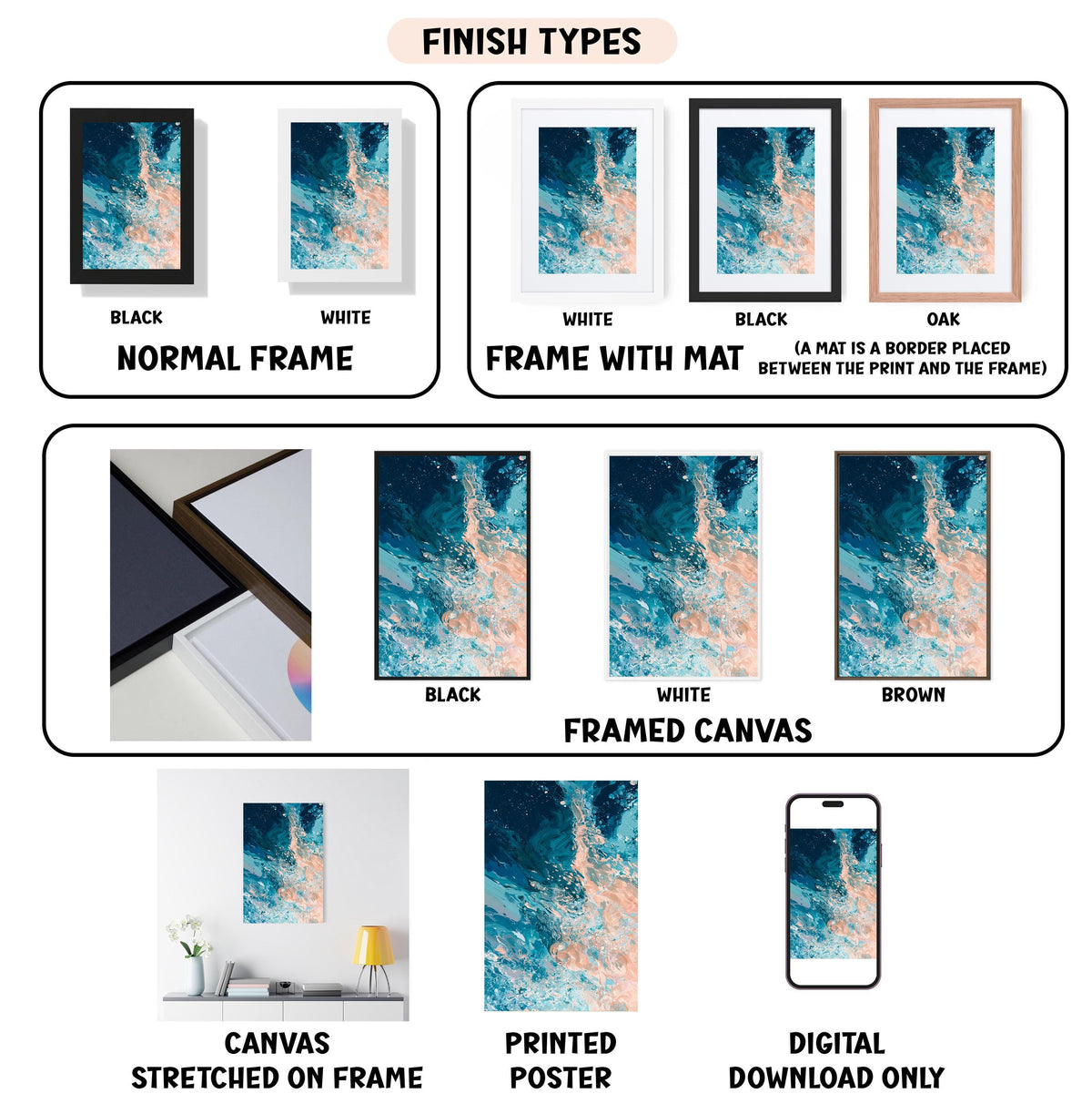 various types of framed artwork, including canvas stretched on a frame, framed canvas, and digital download only. The artwork displays different finishes, such as black, white, and brown, as well as different mat colors, including oak and white. The image also includes a smartphone displaying a digital art piece, and a framed canvas with a white mat.