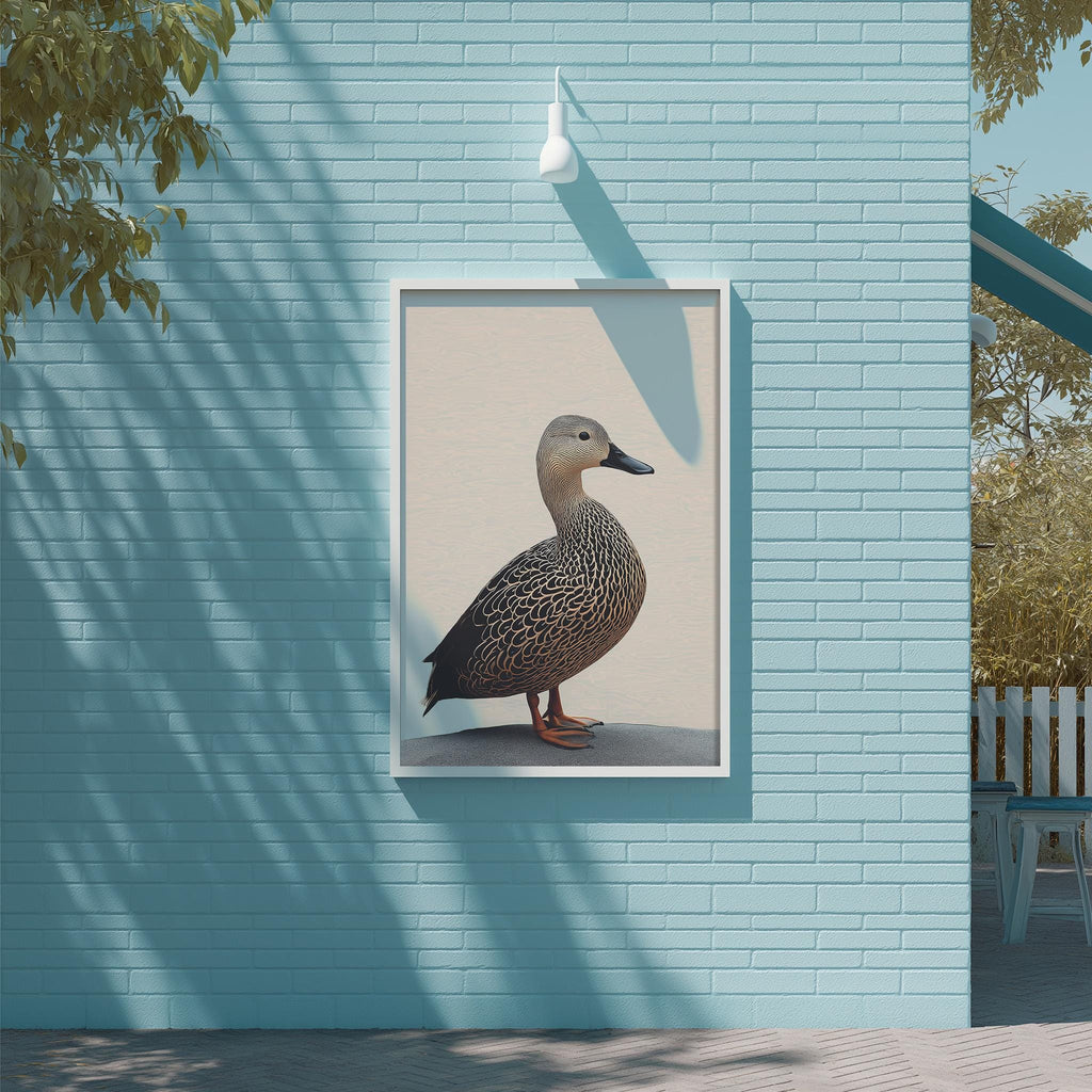 a large duck standing on a brick wall, with a white light fixture above it.