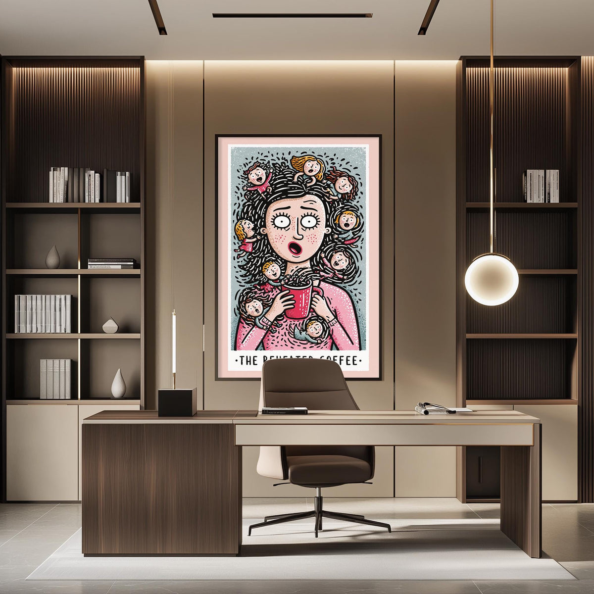 a modern office space with a large framed poster of a cartoon woman on the wall, a desk with a chair, and a bookshelf filled with books.