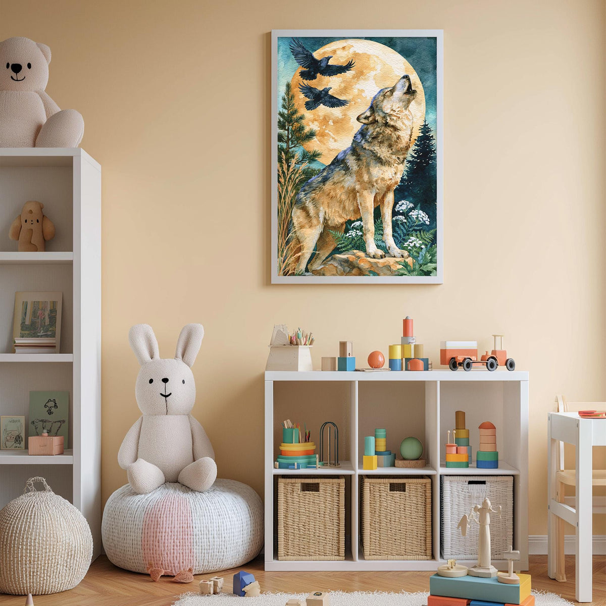 A child's bedroom with a large wolf painting on the wall, a stuffed rabbit, a toy train, and a toy castle.