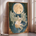 The image is a framed painting depicting three ghostly figures floating in the air against a backdrop of a large, glowing moon.
