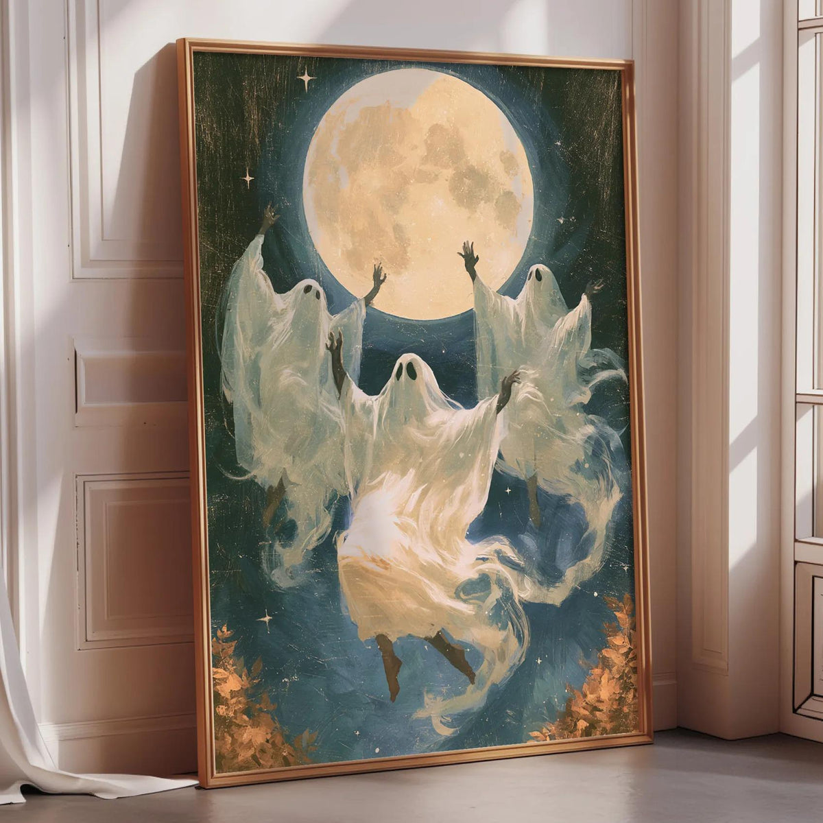 The image is a framed painting depicting three ghostly figures floating in the air against a backdrop of a large, glowing moon.
