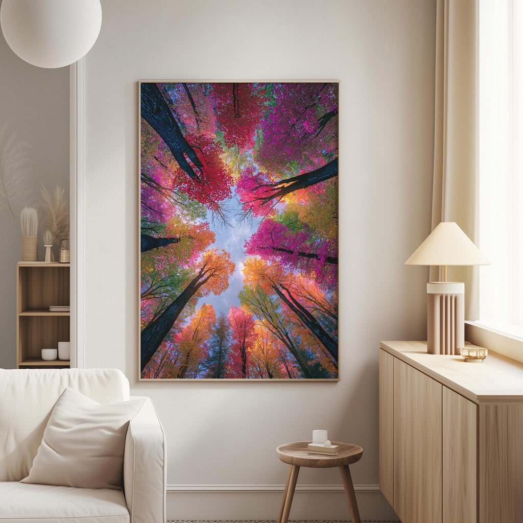 a large, vibrant painting of a forest canopy with trees displaying a variety of colors, including red, orange, yellow, green, blue, and purple. The painting is hung on a wall in a living room setting, with a white sofa and a wooden side table visible in the background.